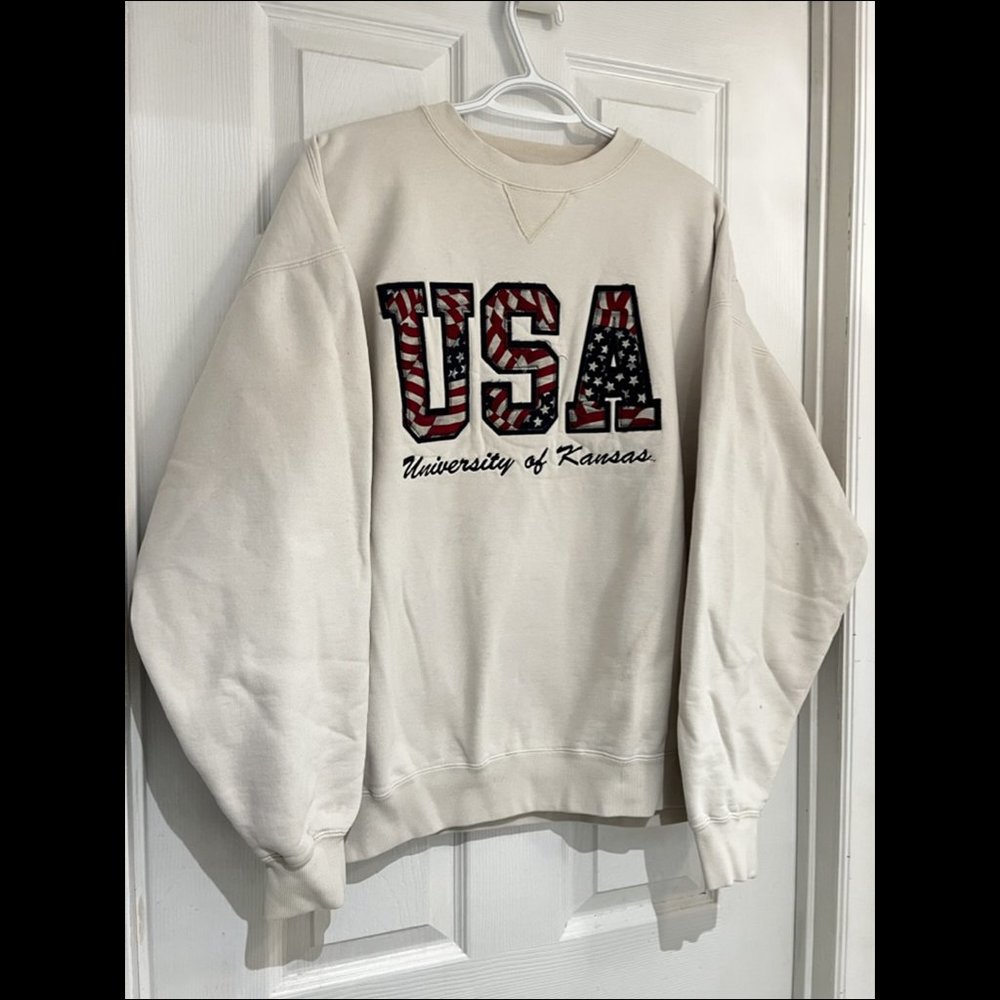 Unisex Large Vintage USA University of Kansas Crewneck Sweater White